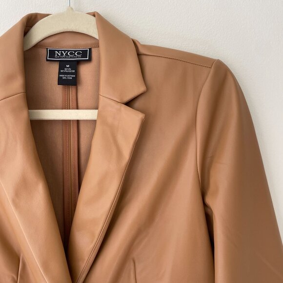 Tan Faux Leather Blazer Jacket 3/4 Sleeve Single Button NYCC Womens M - Picture 3 of 7